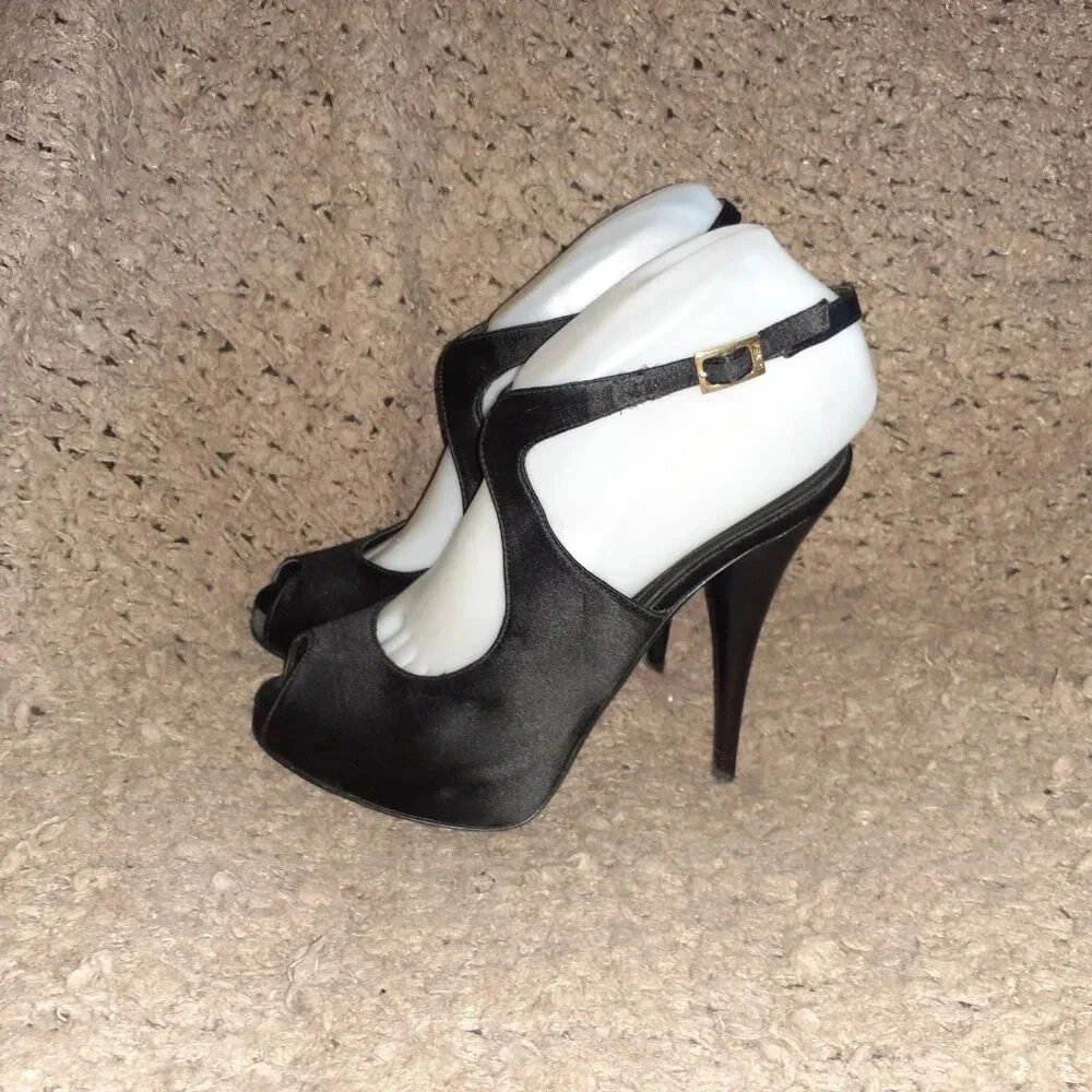 FENDI-Black Satin Peep Toe Platform Slingback Sandals-Sz 37.5-Excellent - Picture 2 of 8